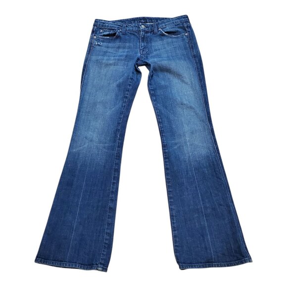 7 FOR ALL MANKIND SZ 32 "A" Pocket Low-rise Bootcut Distressed Blue Jeans - Picture 1 of 15